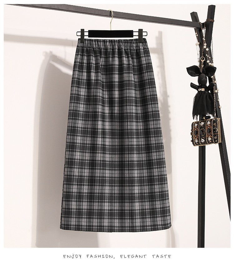 Plus Size Skirt Women 2024 Autumn Winter High Elastic Waist A Line Gray Or Khaki Plaid Skirt Korean Casual Long Skirts Womens