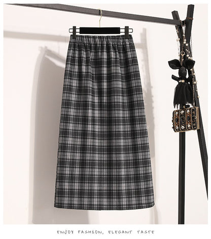 Plus Size Skirt Women 2024 Autumn Winter High Elastic Waist A Line Gray Or Khaki Plaid Skirt Korean Casual Long Skirts Womens