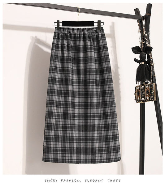 Plus Size Skirt Women 2024 Autumn Winter High Elastic Waist A Line Gray Or Khaki Plaid Skirt Korean Casual Long Skirts Womens