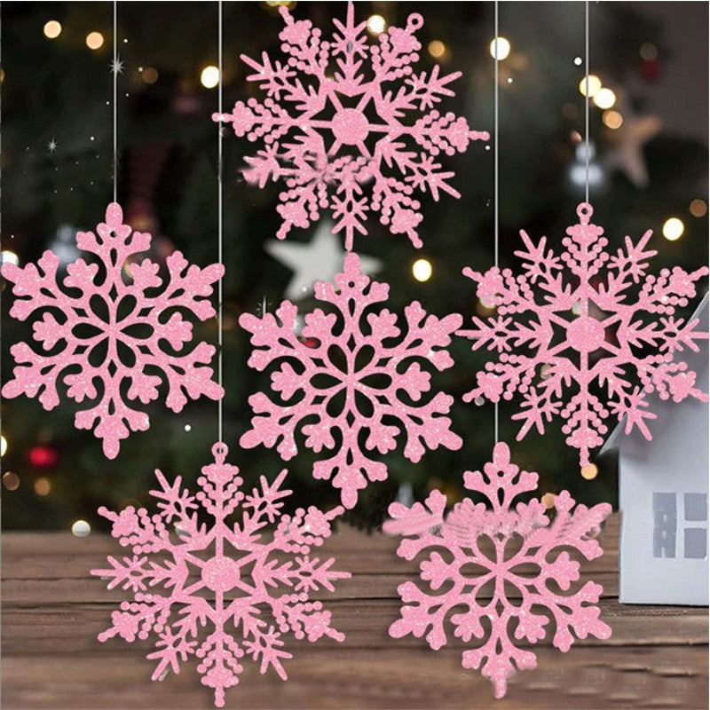 12PCS Pink Glitter Plastic Snowflake Decorations 10cm Christmas Tree Hollow Snowflake Pendants New Year Party Festival Supplies