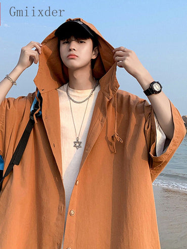 Gmiixder Hooded Short-sleeved Shirts for Men Women Japan Summer Trend Cityboy Solid Blouse Unisex Cargo Button Up Shirt Jacket