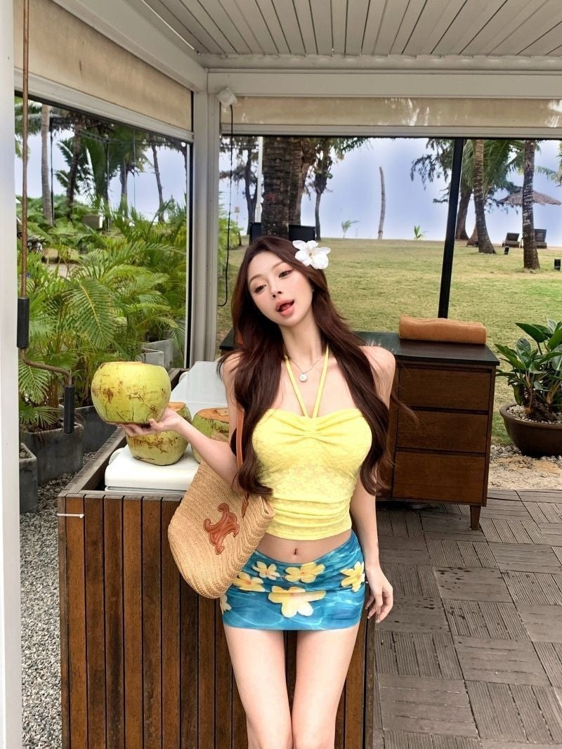 French Drawstring Blue Floral Tube Top Women Separate Swimwear Set Coastal Summer Vacation Beach Holiday Swimsuit for Girl