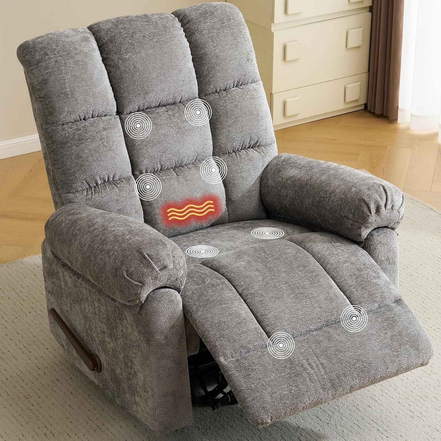 Oversized Swivel Rocker Recliner with Massage and Heat, 26" Extra Wide Manual Recliner for Adults & Big Man, Overstuffed Rocking