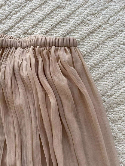 Ladies 100% Silk Elegant Set Pure Color Drawstring Long Sleeve Round Neck Shirt + A-Line Elastic Waist Maxi Skirt Holiday Suits