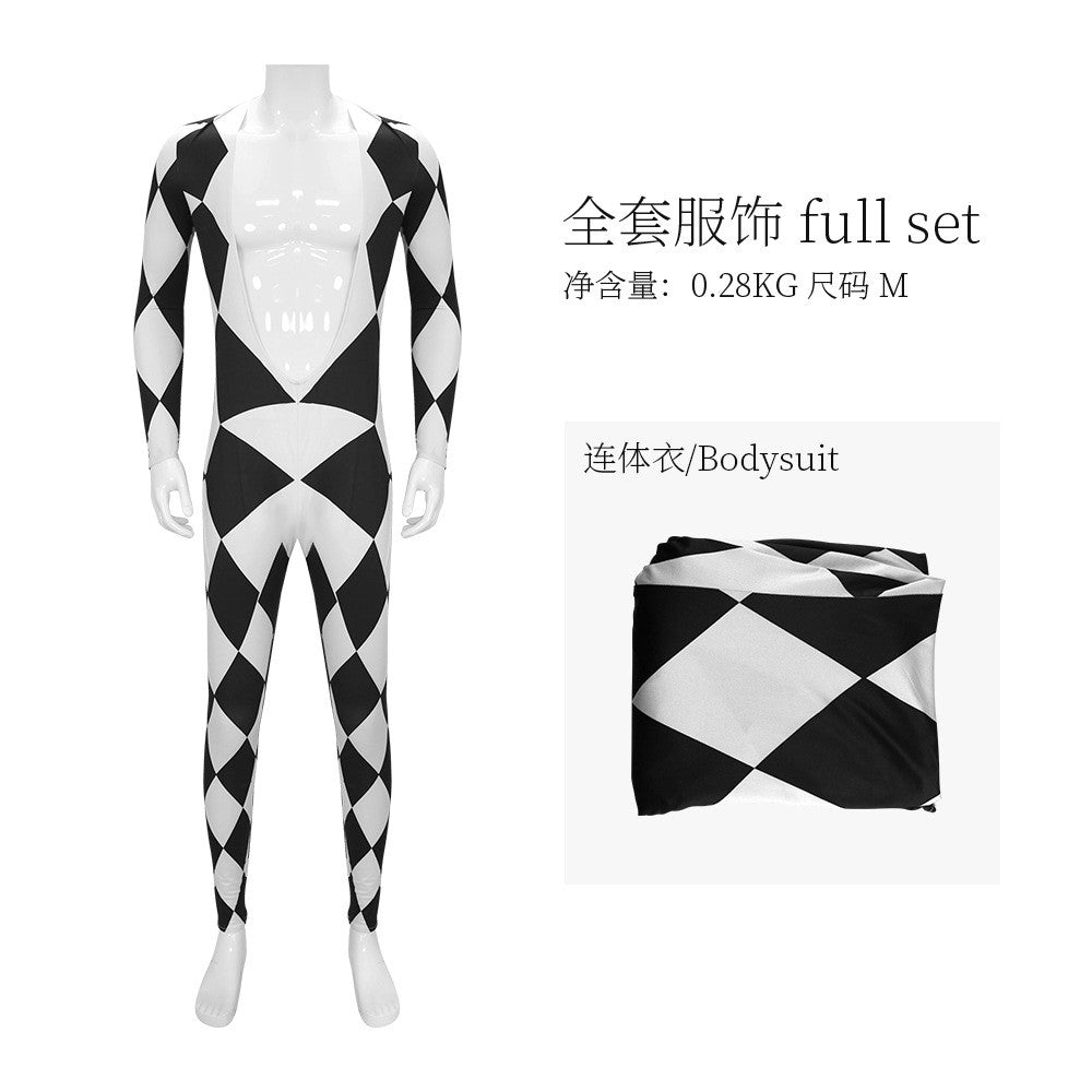 Freddie Mercury - Queen Harlequin Cosplay Costume Unitard Black and White Diamond Bodysuit with attached feet for Men