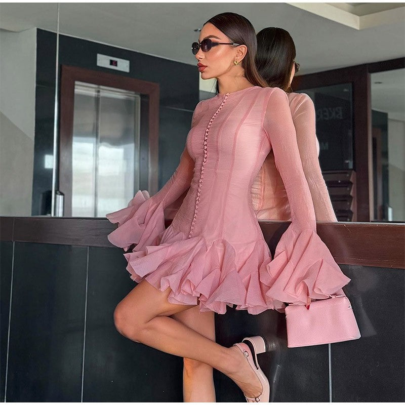 Solid Women Layered Ruffles Midi Dress Fashion Irregular Pleated A-line Long Sle