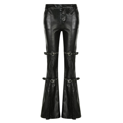 PU Leather Flare Pant Goth Buckle Lace Patchwork Pants Women Fashion Y2K Streetwear Vintage Aesthetics Casual Pants Trousers
