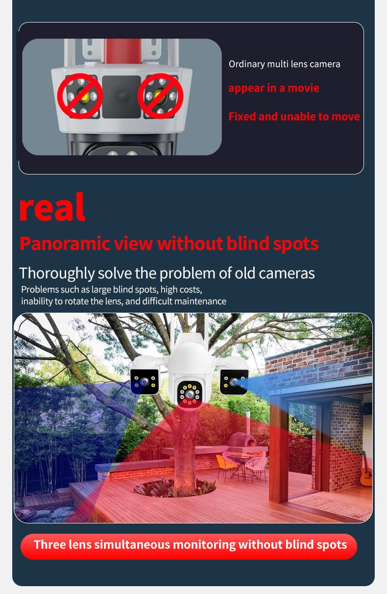 6K 12MP WiFi Surveillance Camera, 3 Lens 3 Screens,10X Digital Zoom, AI Human Detect, 8mp Outdoor Security PTZ IP Cameras