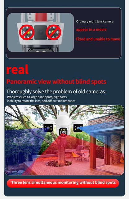 6K 12MP WiFi Surveillance Camera, 3 Lens 3 Screens,10X Digital Zoom, AI Human Detect, 8mp Outdoor Security PTZ IP Cameras