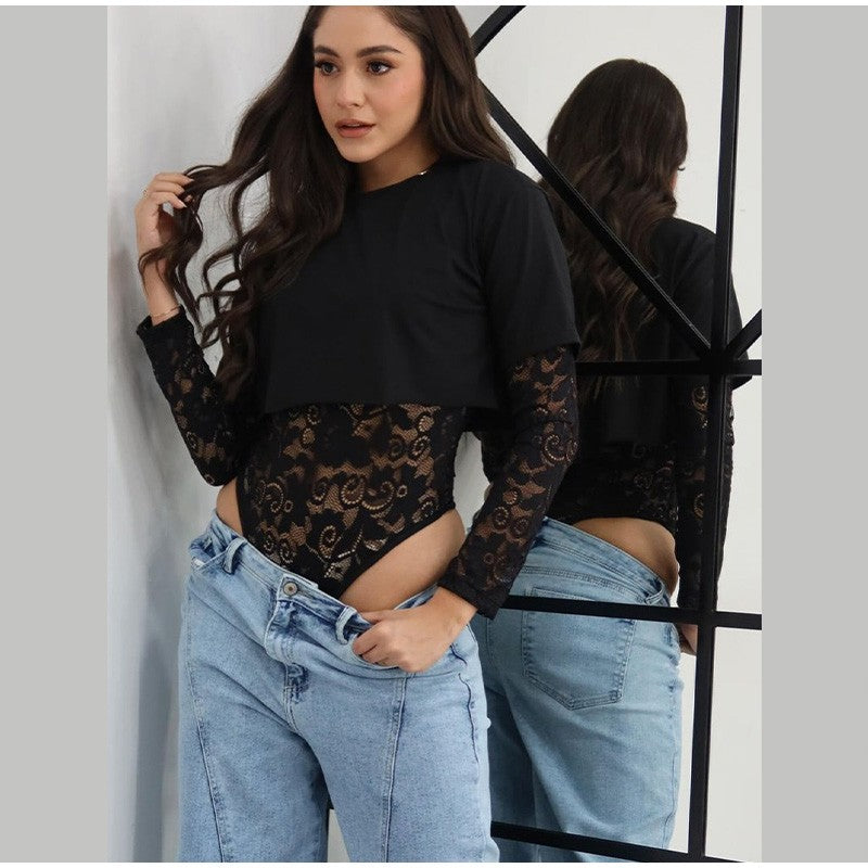 Women Crop Top Sheer Lace Bodysuit Short-Sleeve Layered 2025 Fashion Summer Sexy Outfit Trendy Party Chic Edgy Hot Lady Vestido