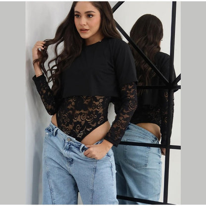 Women Crop Top Sheer Lace Bodysuit Short-Sleeve Layered 2025 Fashion Summer Sexy Outfit Trendy Party Chic Edgy Hot Lady Vestido