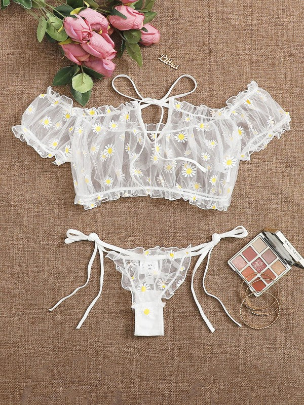 2PCS Off Shoulder Lace Up Bikini Set Women Sweet Casual Short Sleeve Swimsuits Beachwear Bathing Suits Sexy Lingerie