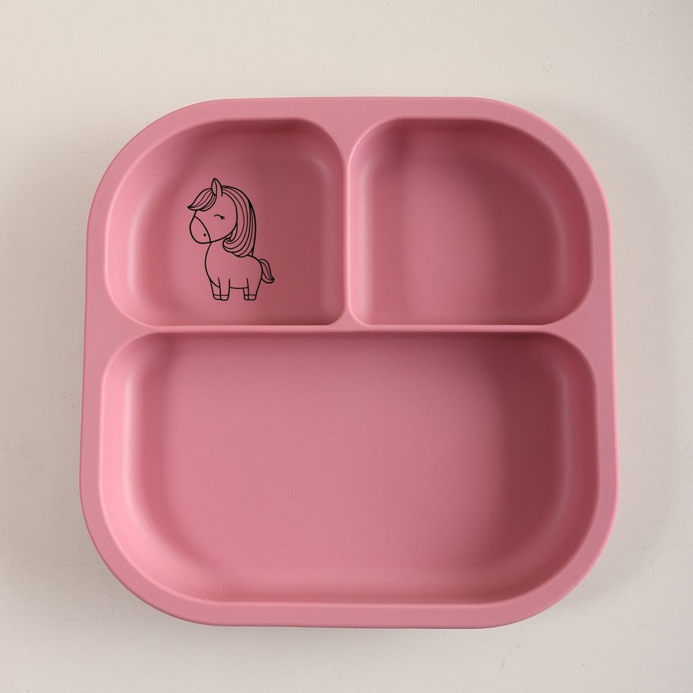 Spill-Proof 3-Section Suction Plate | Custom Name & Fun Cartoon Designs for Toddlers baby silicone square plate