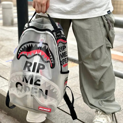 Fashion Shark Letter Transparent Backpack Men Sport Waterproof PVC Clear Plastic Schoolbag Casual Street Large Capacity Rucksack
