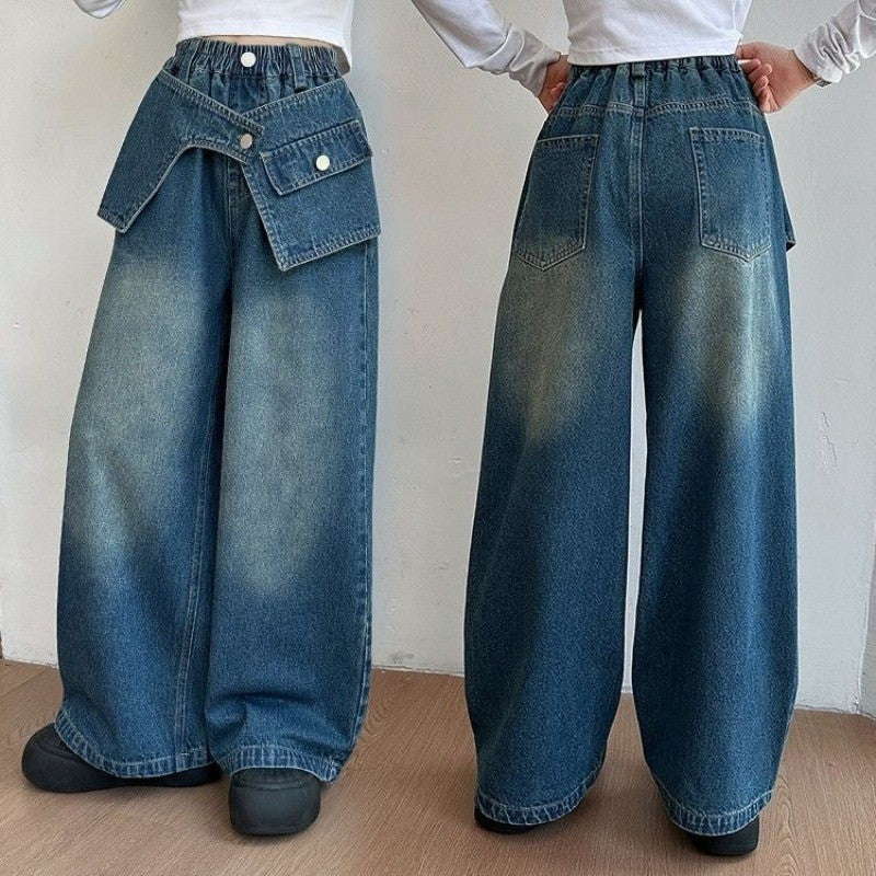 2025 Autumn Trendy Korean Style Flared Jeans for Girls - Medium & Large Kids, Ruffled Long Pants for Junior High Students