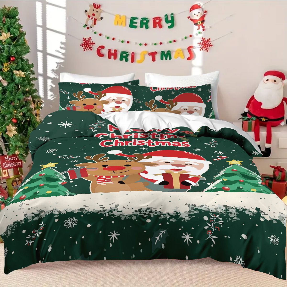 3pcs Santa Claus Christmas Tree Print Coreless Duvet Set Bedroom Dormitory Bedding Decoration Comfortable Machine Washable
