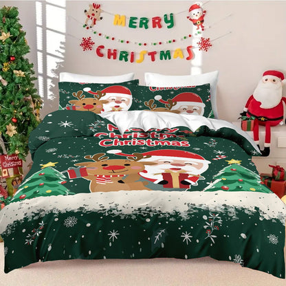3pcs Santa Claus Christmas Tree Print Coreless Duvet Set Bedroom Dormitory Bedding Decoration Comfortable Machine Washable