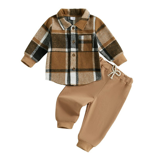 1-5Years Kids Baby Boy Autumn Clothes Outfits Plaid Print Long Sleeve Shirt and Elastic Band Pants 2 Piece Sets for Toddler