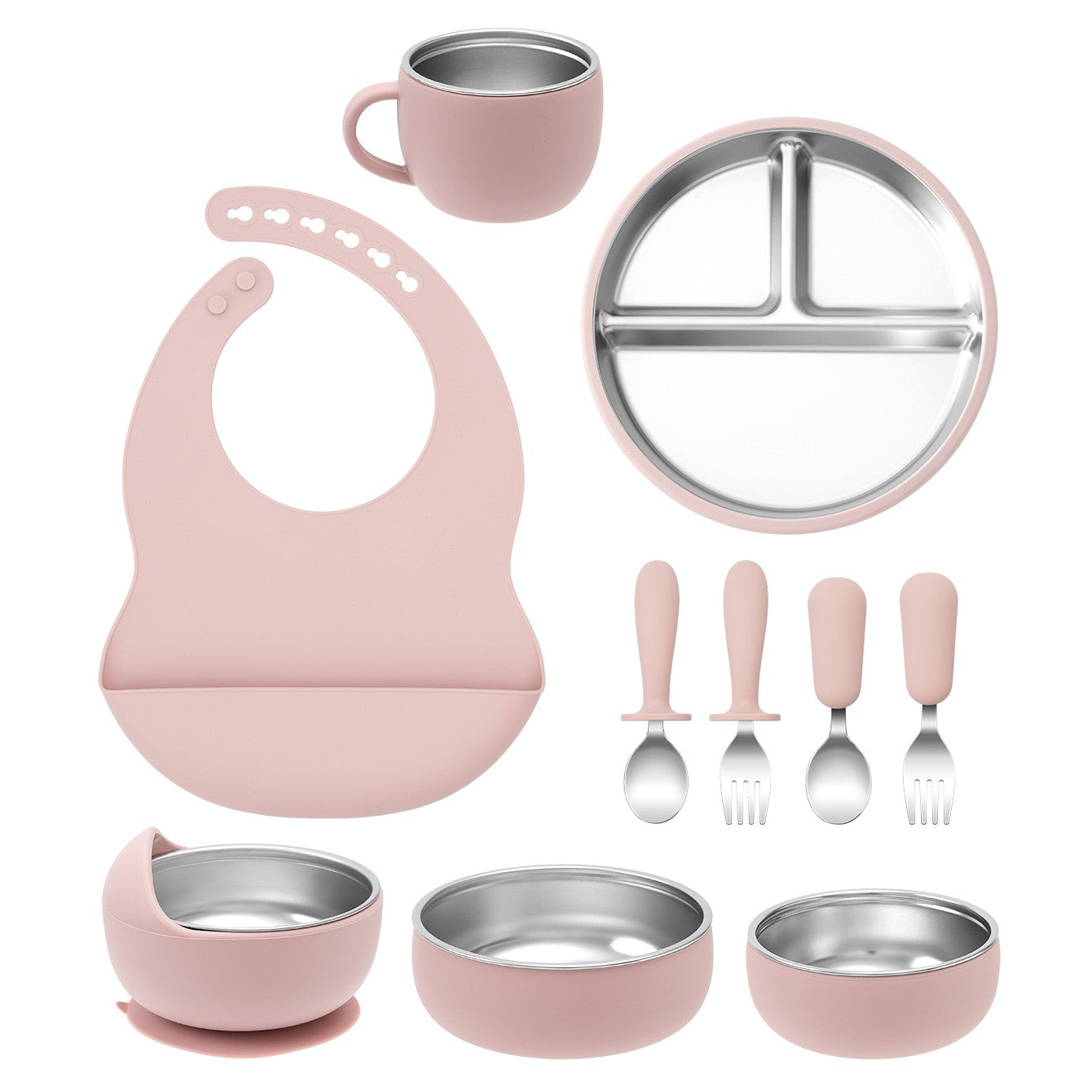 Color Kids 10PCS Infant Feeding Set Stainless Steel Silicone Tableware With Detachable Bowl Plate Bib Weaning Utensils For Baby