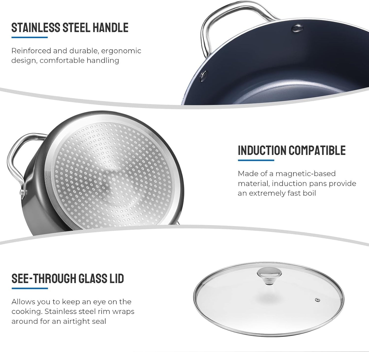 Conjunto de Panelas de Indução 6 Peças, Conjunto de Panelas Empilháveis para Cozinha, Panelas de 5.7L 4.5L e 1.9L com Tampas, Laváveis em Lava-louças e Seguras para Forno,
