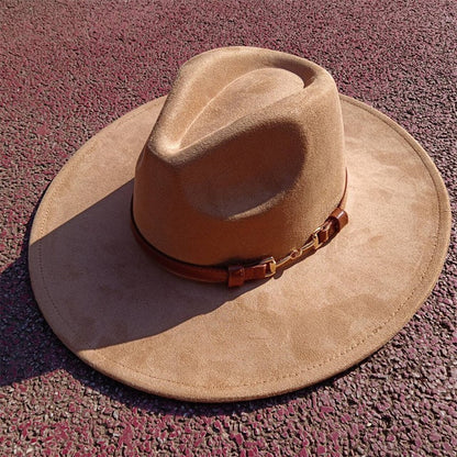 Suede fedora hat with same color accessories teardrop top wide brim hat for men and women Panama hat chapeau homme   sombrero