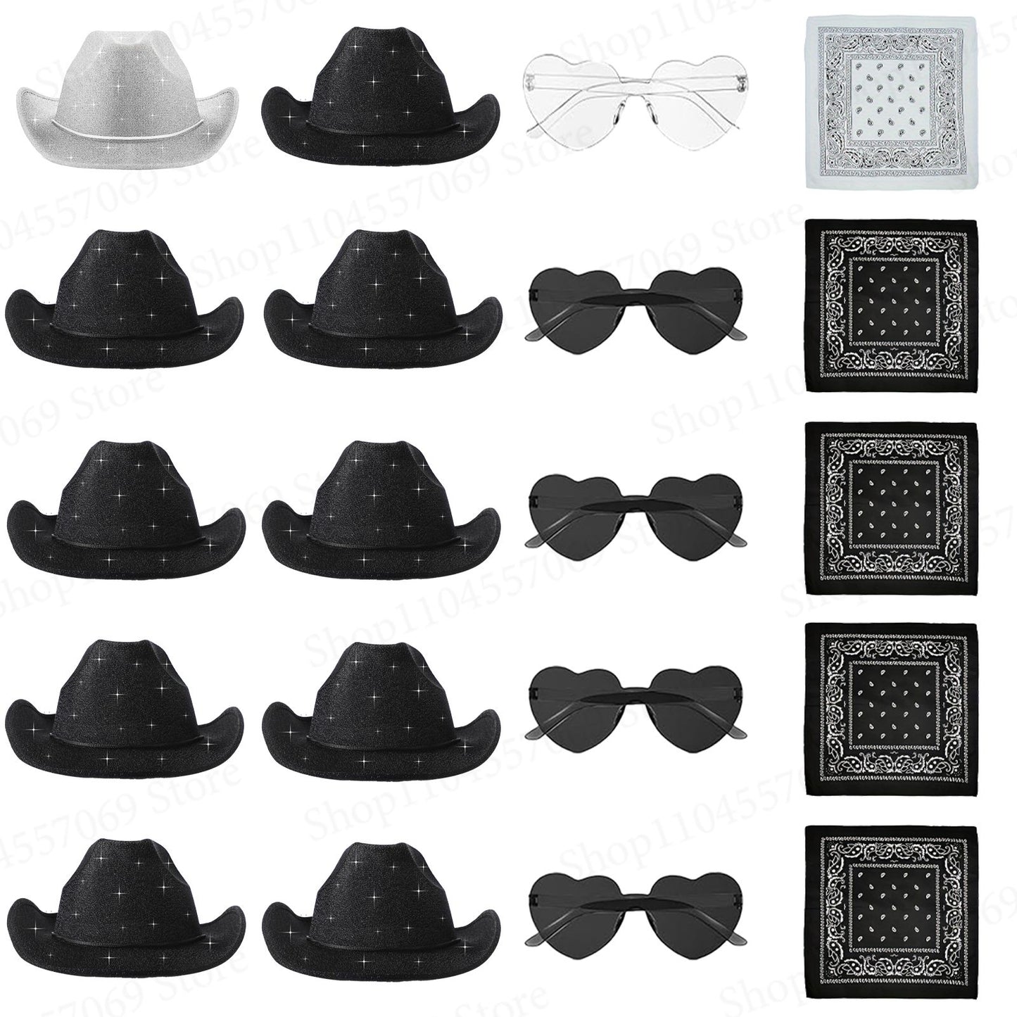 6-48Pcs Sparkly Cowboy Hat for Wedding Bachelorette Party Cowgirl Hats with Bandanas Heart Sunglasses Western Party Supplies