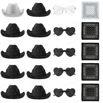 6-48Pcs Sparkly Cowboy Hat for Wedding Bachelorette Party Cowgirl Hats with Bandanas Heart Sunglasses Western Party Supplies