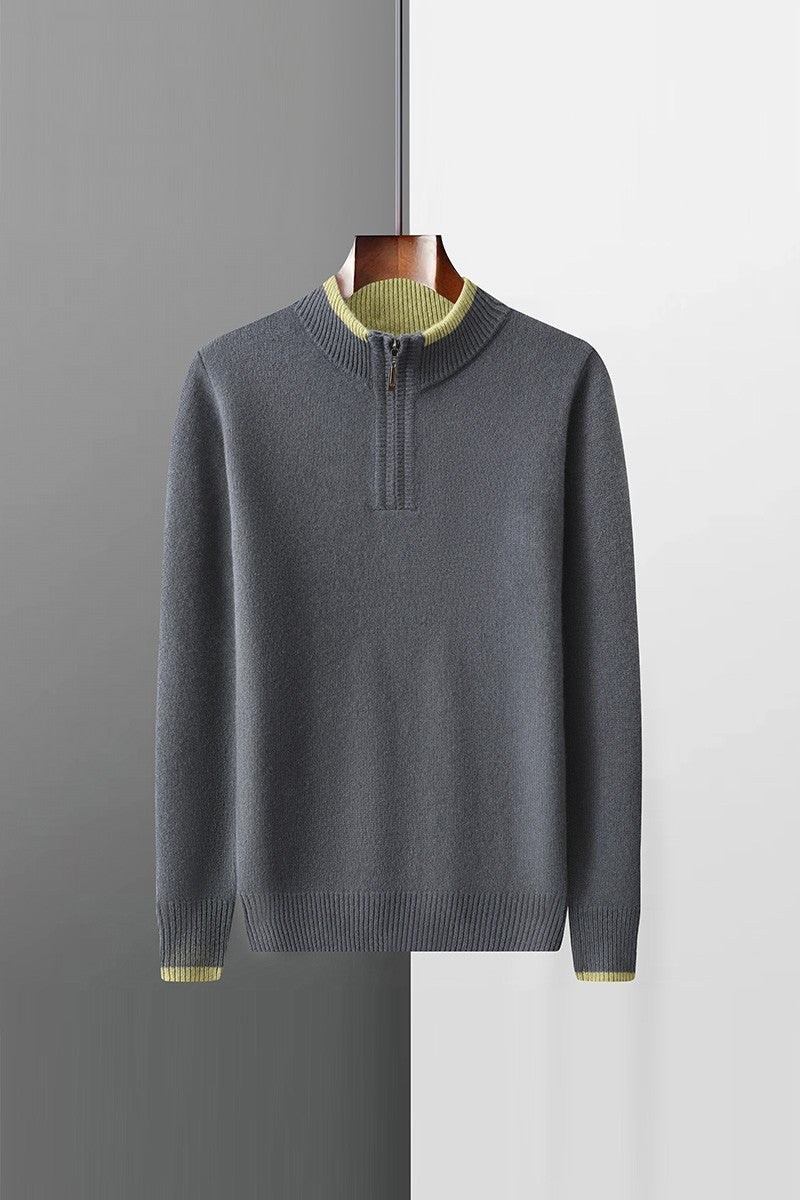 New Men Knitted Half Zipper Style Pullover Pure Australian Wool Sweater Splicing Edge Decoration High quality Thicken Warm Tops