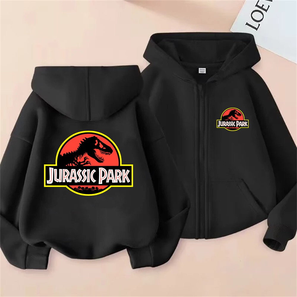 Jurassic Park dinosaur boy black Girls Hoodie tops Suitable age 3-12 Children's Sweatshirt coat Autumn Zipper style Clothing