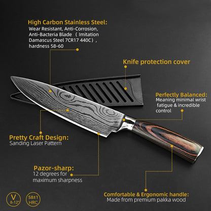 Conjunto de Facas Japonesas com Bloco e Amolador de 8 polegadas, Facas de Cozinha de Aço Damasco a Laser com Tesoura de Cozinha e Cabo de Madeira