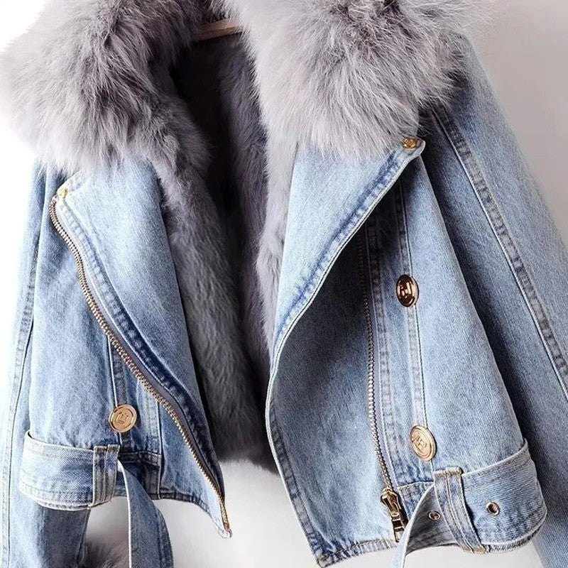 Women Faux Fox Fur Collar Jean Coat Winter Denim Jacket Female Short Warm Parkas Rabbit Hair Lining Outwear Fashion Overcoat