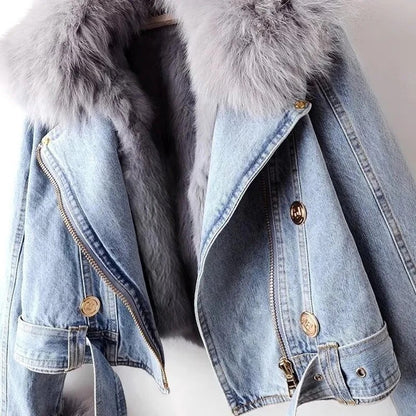 Women Faux Fox Fur Collar Jean Coat Winter Denim Jacket Female Short Warm Parkas Rabbit Hair Lining Outwear Fashion Overcoat