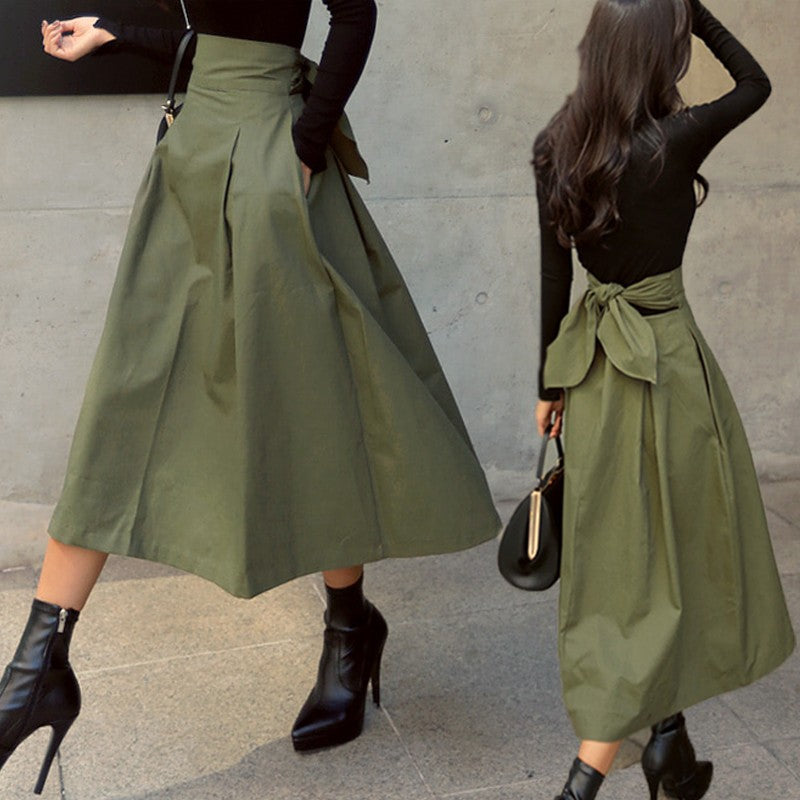 Skirts Womens Korean Fashion Solid Color Big Swing Ladies Skirt Long Skirt 2025 Autumn Wild High Waist Bow Slim Skirts