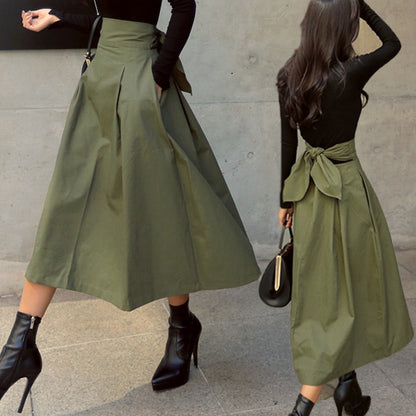 Skirts Womens Korean Fashion Solid Color Big Swing Ladies Skirt Long Skirt 2025 Autumn Wild High Waist Bow Slim Skirts