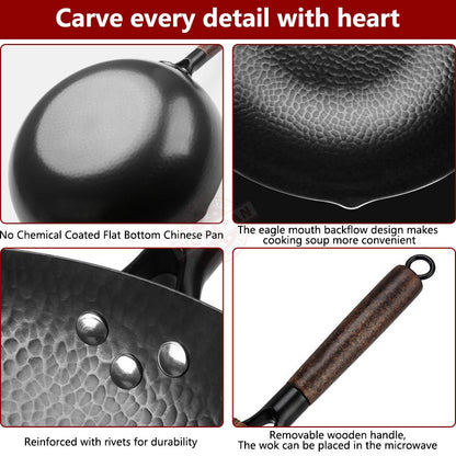 Carbon Steel Wok Pan 32cm Stir-Fry Pans with Wooden Lid Uncoated Flat Bottom Chinese Pan for Induction Electric Gas All Stoves