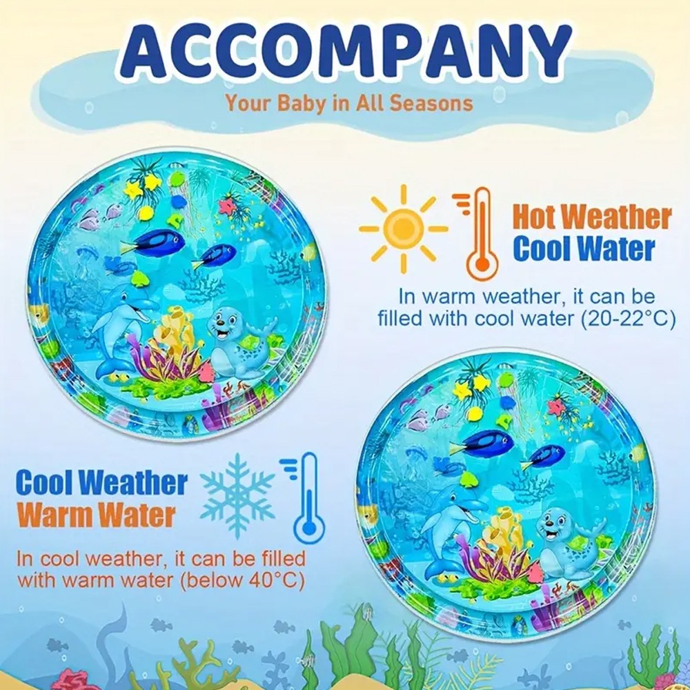 1pc 100cm/39.4inch PVC Baby Playing Water Mat Blue Round Seal Pattern Toddler Pad Kids Early Education Activity Toys Mat Cushion