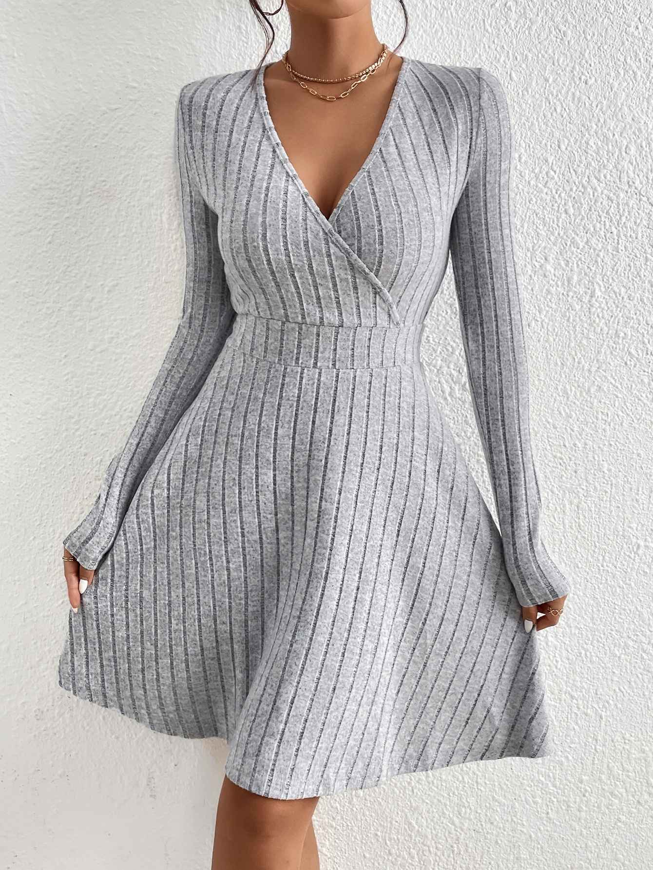 New for autumn/Winter 2024 Women Knit Slim Sexy Bodycon Dress V-Neck Long Sleeve