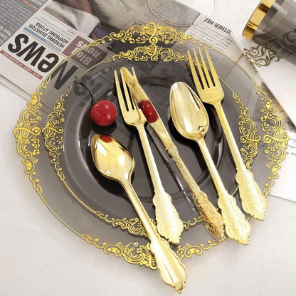 175pcs Clear Black Plastic Plates with Gold Accents Premium Disposable Dinnerware Set for 25 Guests Featuring 50 Plates 75 Gold