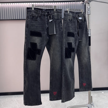 Top Melancholy Rich Second Generation E.R.D. JEANS Men Women Pant Fixed dye corduroy splicing ten thousand needle embroidery