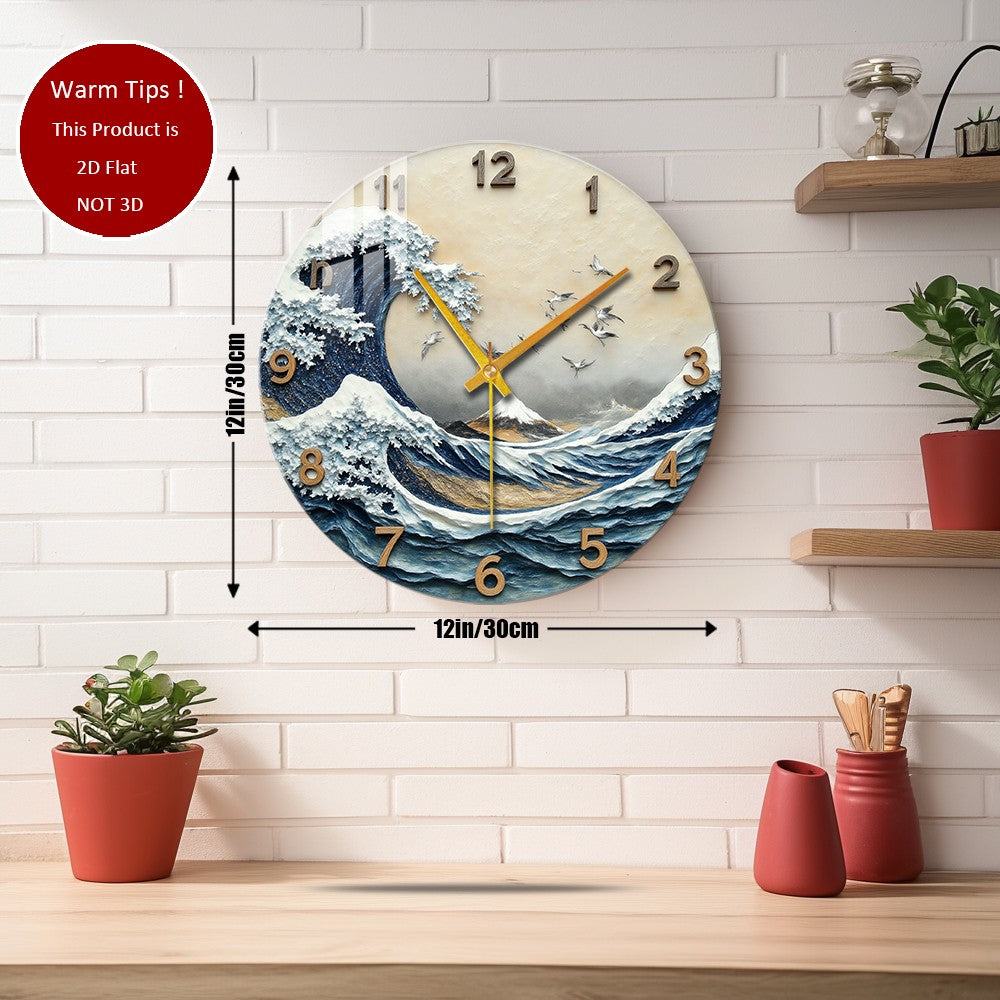 Tempered Glass Wall Clock Great Wave Mount Fuji Cranes Suitable For Wall Decor or Tabletop Display Anywhere