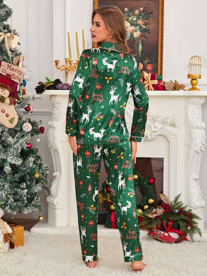 Christmas Reindeer Print Satin Pajama Set for Adults – Polyester & Elastane Long Sleeve Party Loungewear with Lapel Collar