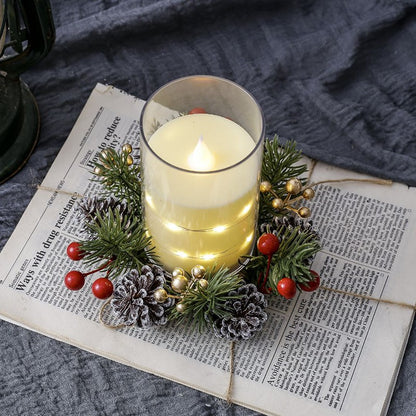 1/2pcs Christmas Candle Holders with Artificial Pine Branches & Berries New Year Tabletop Home Decorations Candle Wreath Gifts