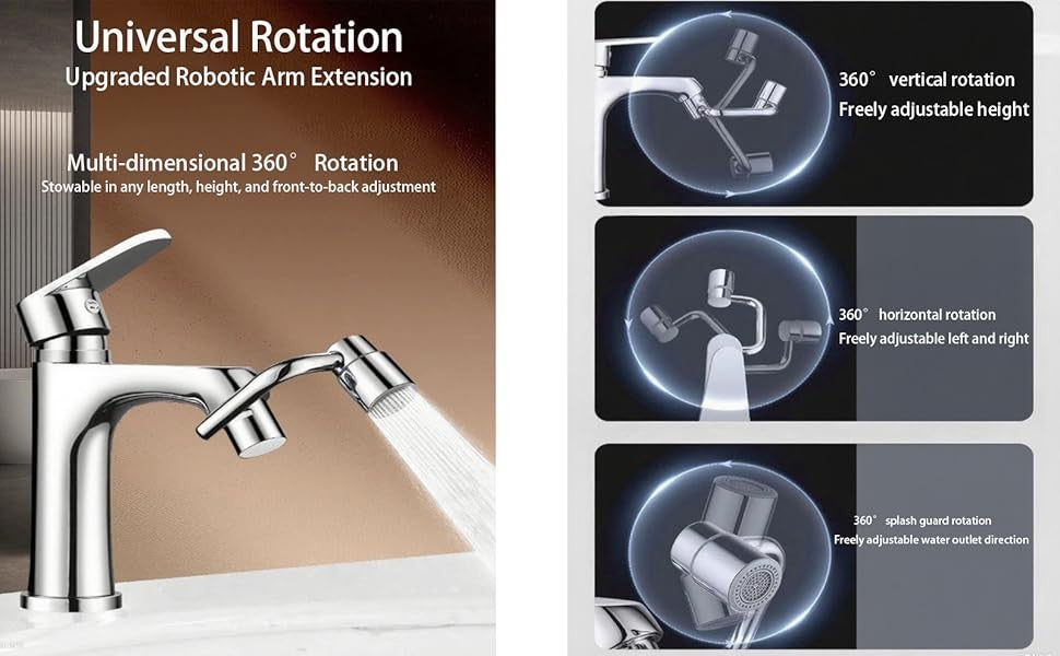 Extensor de Torneira de Cozinha Giratório 1080° com Spray, Aço Inoxidável, À Prova de Respingos, 2 Modos, Bico Arejador para Torneira de Pia