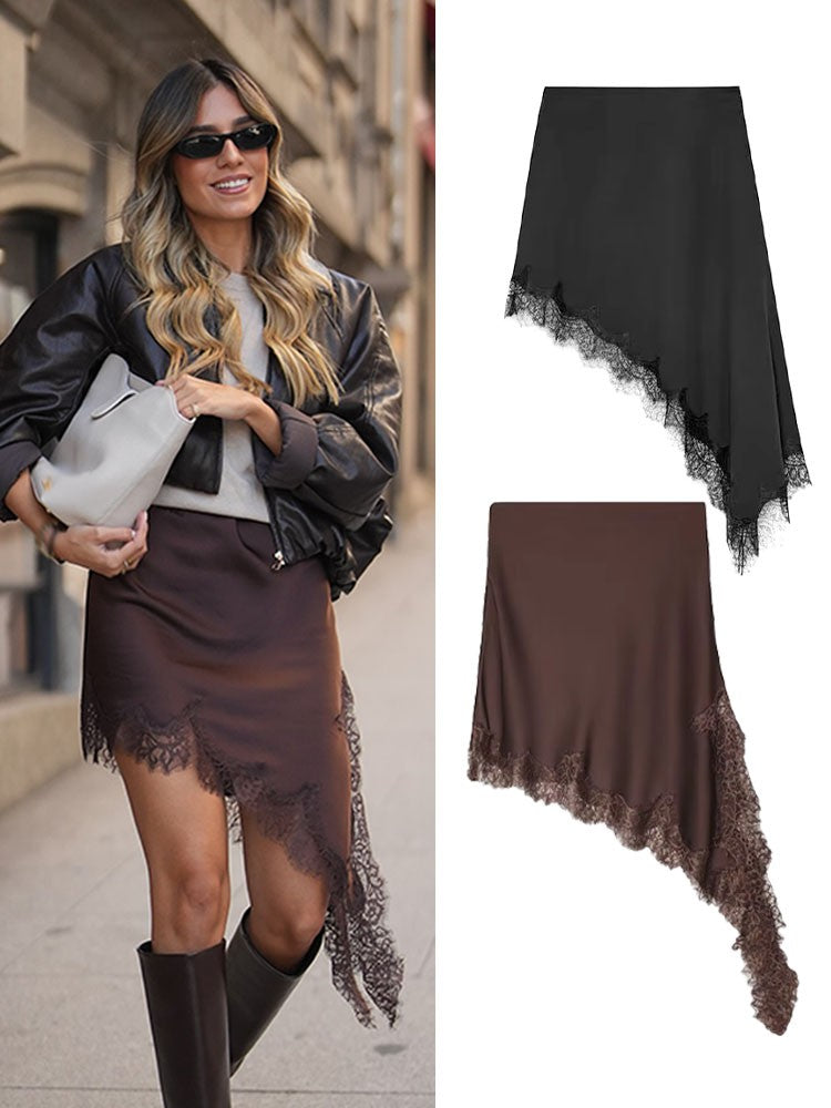 HH Women 2025 New Fashion Simple Asymmetrical Lace Skirt Female Elegant Sexy Silk Satin Texture Mid-Waist Casual Versatile Skirt