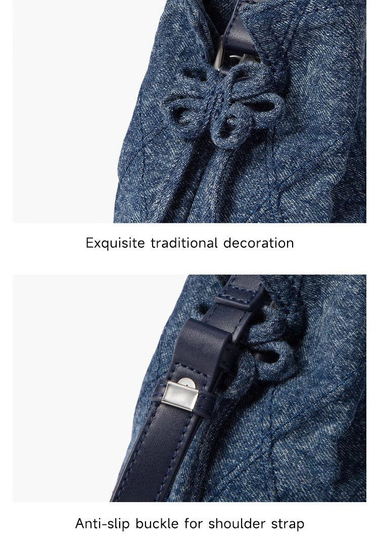 LEE Chinese Knot Denim Blue Women's Handbag Fashion Trend Daily Jeans Medium Size Tote Shoulder Bag for Ladies Commute Tote Bag