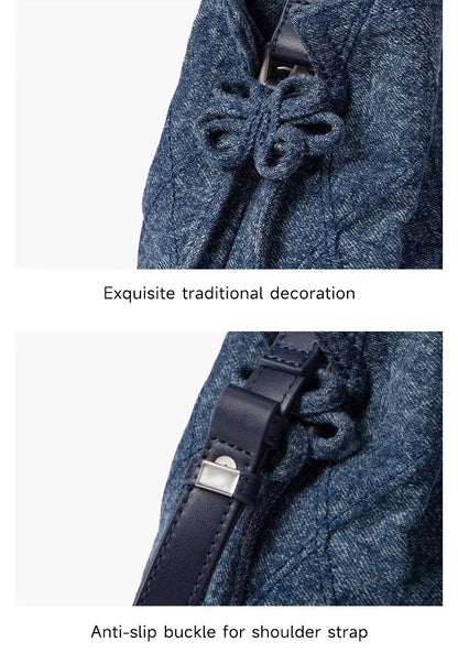 LEE Chinese Knot Denim Blue Women's Handbag Fashion Trend Daily Jeans Medium Size Tote Shoulder Bag for Ladies Commute Tote Bag