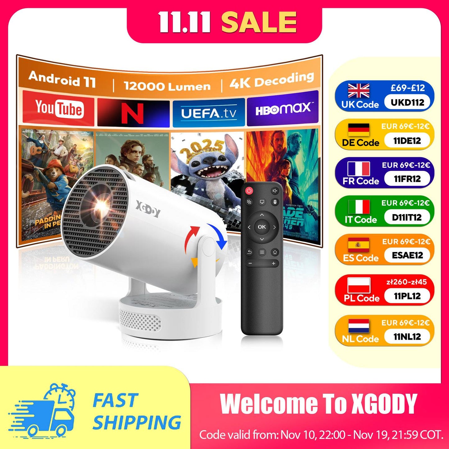 XGODY 4K 1080p LED Projector with 12000 Lumen Brightness, WiFi 6 Bluetooth 5.0 Portable Home Theater System for entertainment