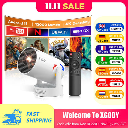 XGODY 4K 1080p LED Projector with 12000 Lumen Brightness, WiFi 6 Bluetooth 5.0 Portable Home Theater System for entertainment
