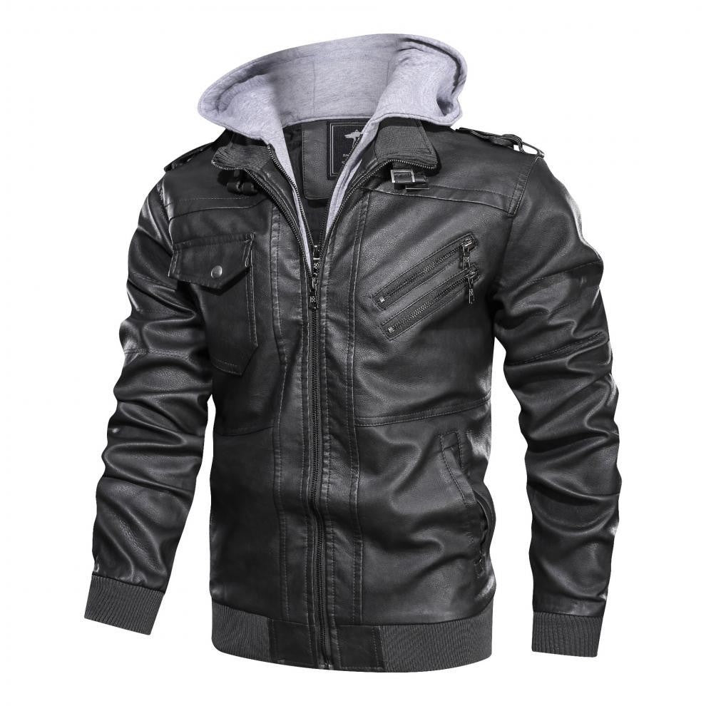 Men Jackets Fake Two Leather Jacket Double Zipper Removable Hooded Biker Leather Coat Male Cardigan Overcoat