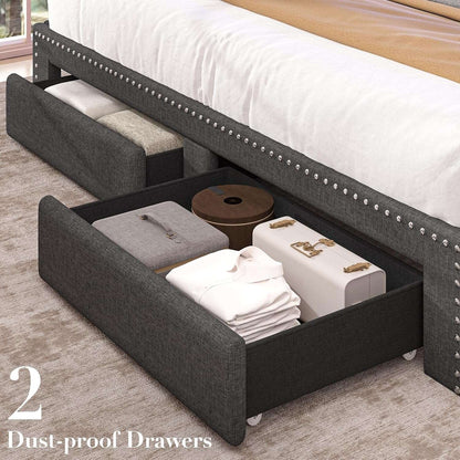 Linen Full Size Bed Frame with 2-Tier Storage Headboard and Charging Station, Upholstered Platform Bed Frames with 2 Sto